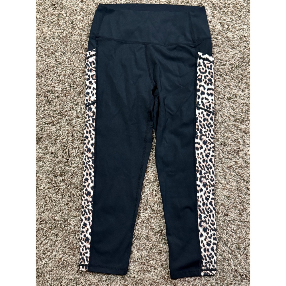 Zyia Active Black Leopard Print Side Pocket Leggings Cropped 8-10 Women Yoga Run